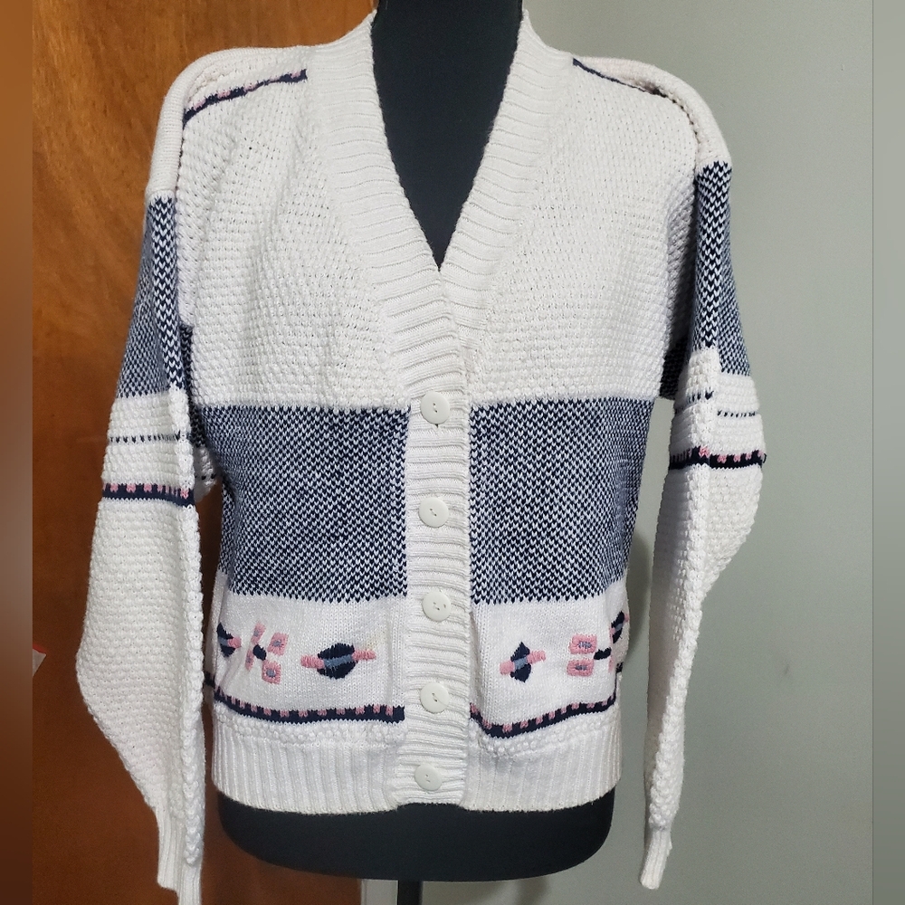 Vintage 90s Brandon Geometric Knit Cardigan Sweater Retro Cottagecore Cozy